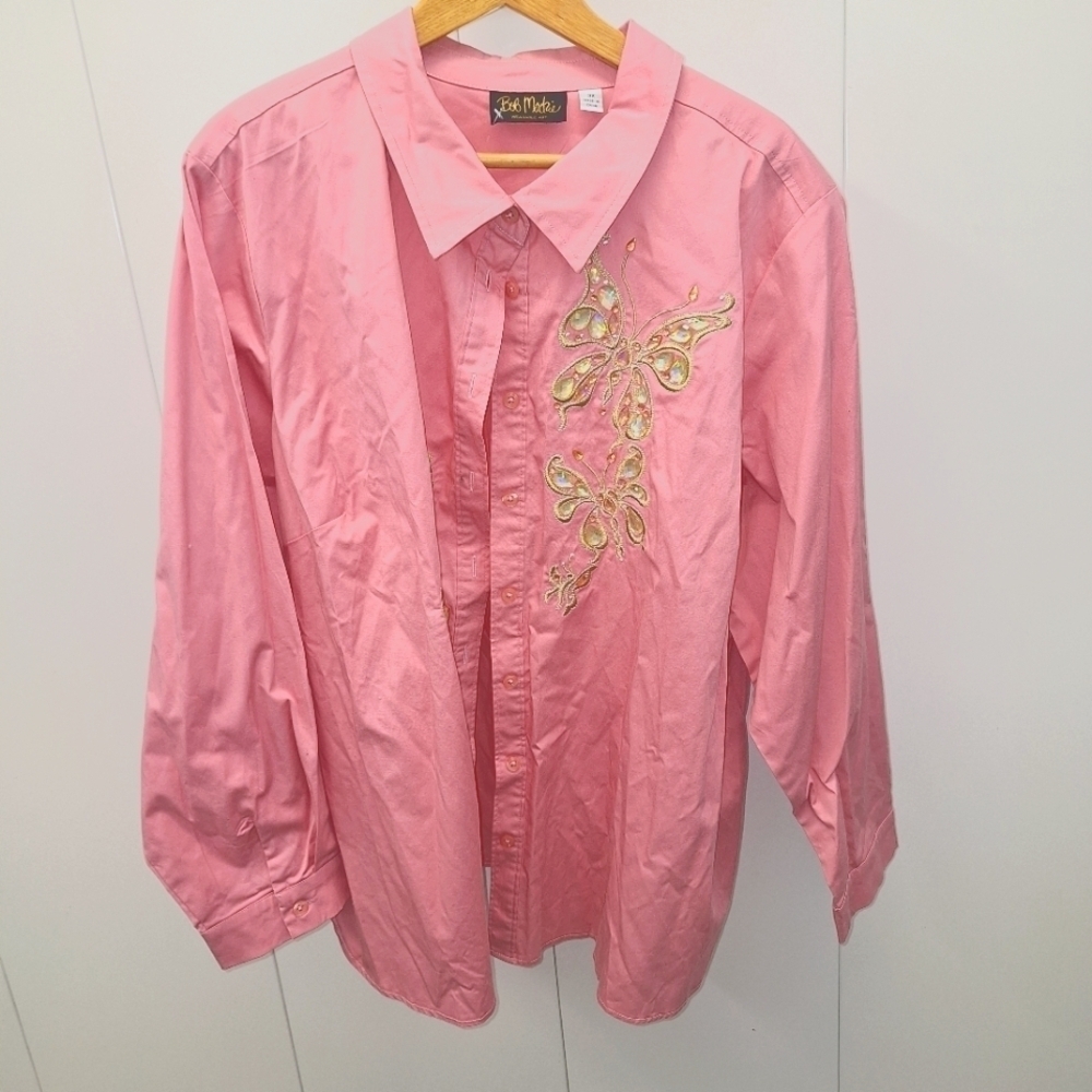 Bob Mackie Pink Butterfly Button Up Shirt 3X - Picture 1 of 8